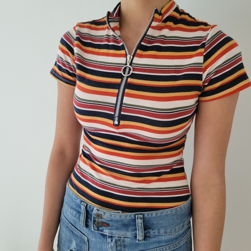 F21 Small Mock Turtleneck Zip-Up Striped BodySuit, Autumn Colors, Orange, Yellow